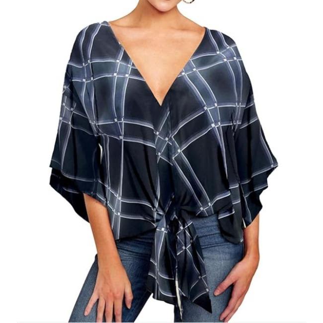 

Женская повседневная рубашка с цветочным принтом, летняя стильная свободная рубашка с v-образным вырезом и короткими рукавами и рукавами «летучая мышь» в богемном стиле, топ с узлом спереди 5XL