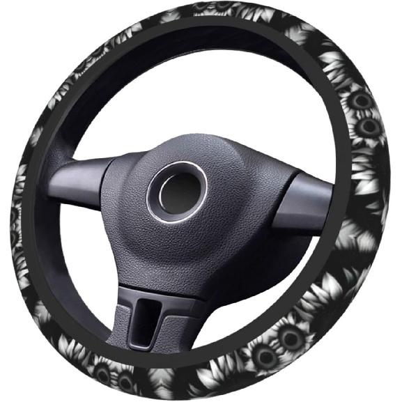 Black and White Sunflowers Print 15 Inch Universal Steering Wheel Cover,Car Accessories,for Cars,Suvs,and Trucks