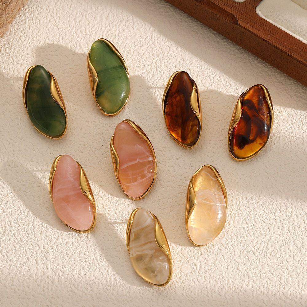 Stainless Steel Geometric Shape Rings Color Resin Vintage Finger Rings Women Earrings  Jewelry Gift