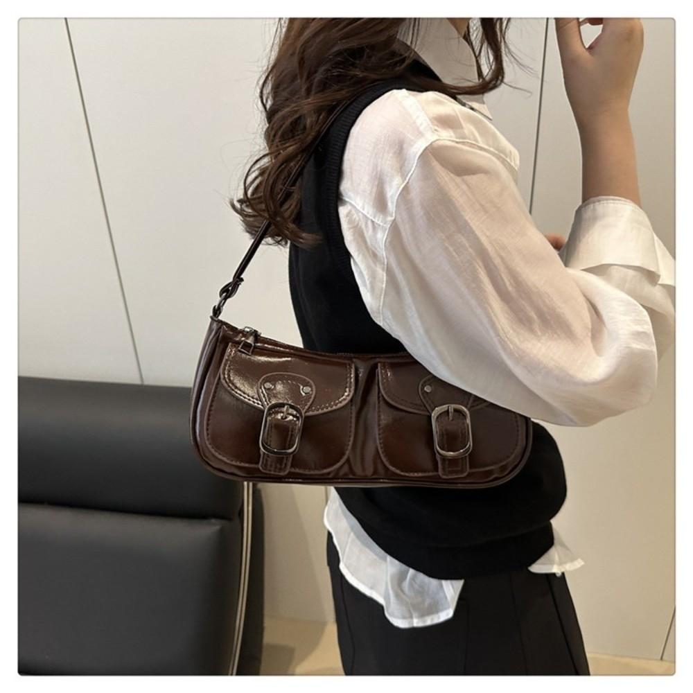 Vintage Women's Armpit Bag Double Pockets Zipper Handbag Fashion Pu Leather Shoulder Bag  Commuting