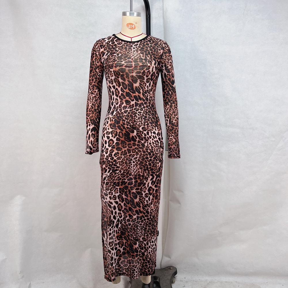 

2024 Женская Мода Платье с Разрезом и Сетчатым Принтом – Круглый Вырез, Длинный Рукав, Стиль для Пляжного Отпуска Large цветной печати леопарда