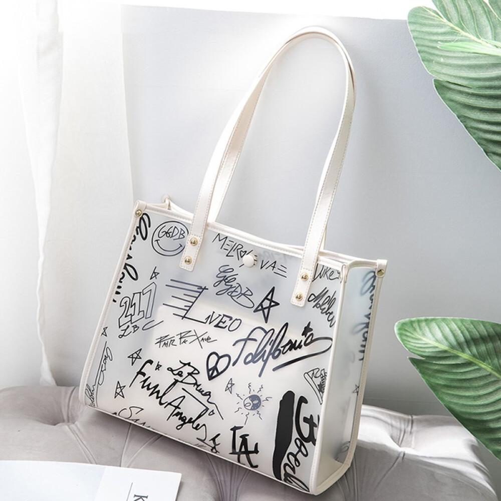 Light luxury handbag New niche design Graffiti Translucent Jelly bag Handbag Graffiti length 33cm wide 12cm high 28cm