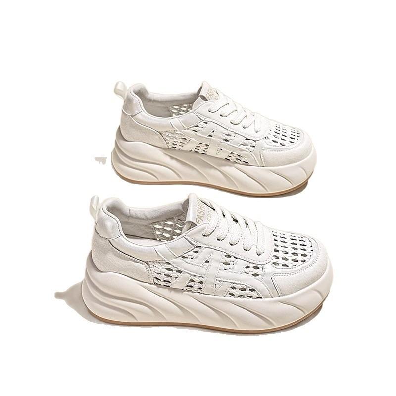 Summer New Hollow Leather Thick Sole Height Increase 6cm Fashion Casual Shoes Women's Versatile Breathable Sports Shoes
