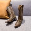 Fashion Women's Embroidered Western Mid Calf Boots Cowboy Square Heels Boots Pointed Toe Platform Boots Women Western Shoes