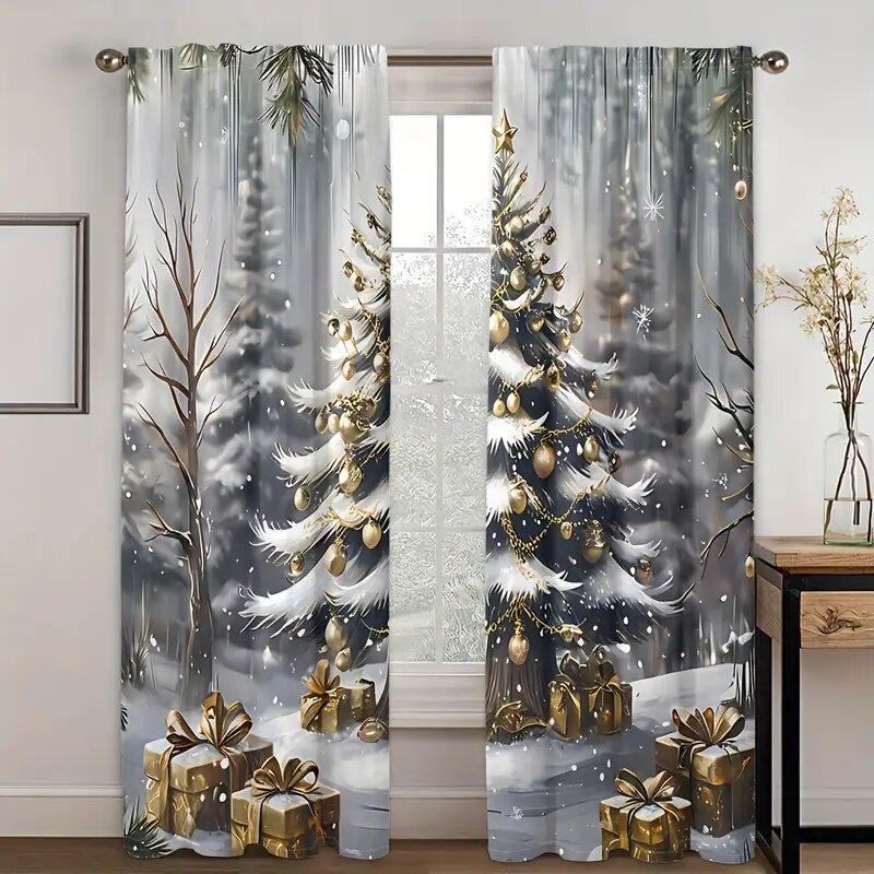 2pcs- Holiday Forest Christmas pattern printed curtains, window decorations, home decorations, room decorations