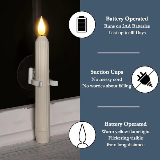 Flameless Window Candles with Sensor Dusk To Dawn Roman Column LED Conical Candles Battery Operated LED Taper Lights Suction Cups Christmas Decor