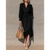 Women S V Neck Long Sleeve Wrap Tie Waist Long Dress