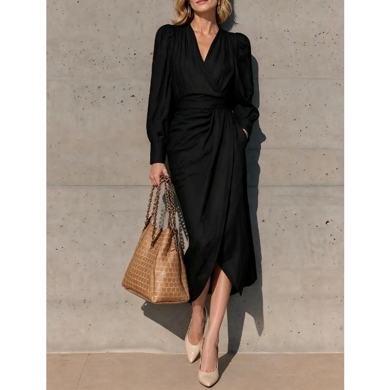 Women S V Neck Long Sleeve Wrap Tie Waist Long Dress