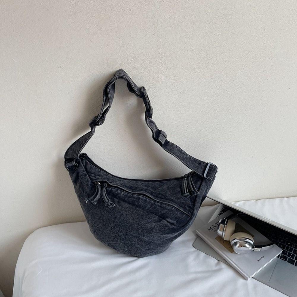 Leisure American Style Canvas Dumpling Bag Adjustable Strap Harajuku Denim Crossbody Bag Zipper Retro Handbag Women