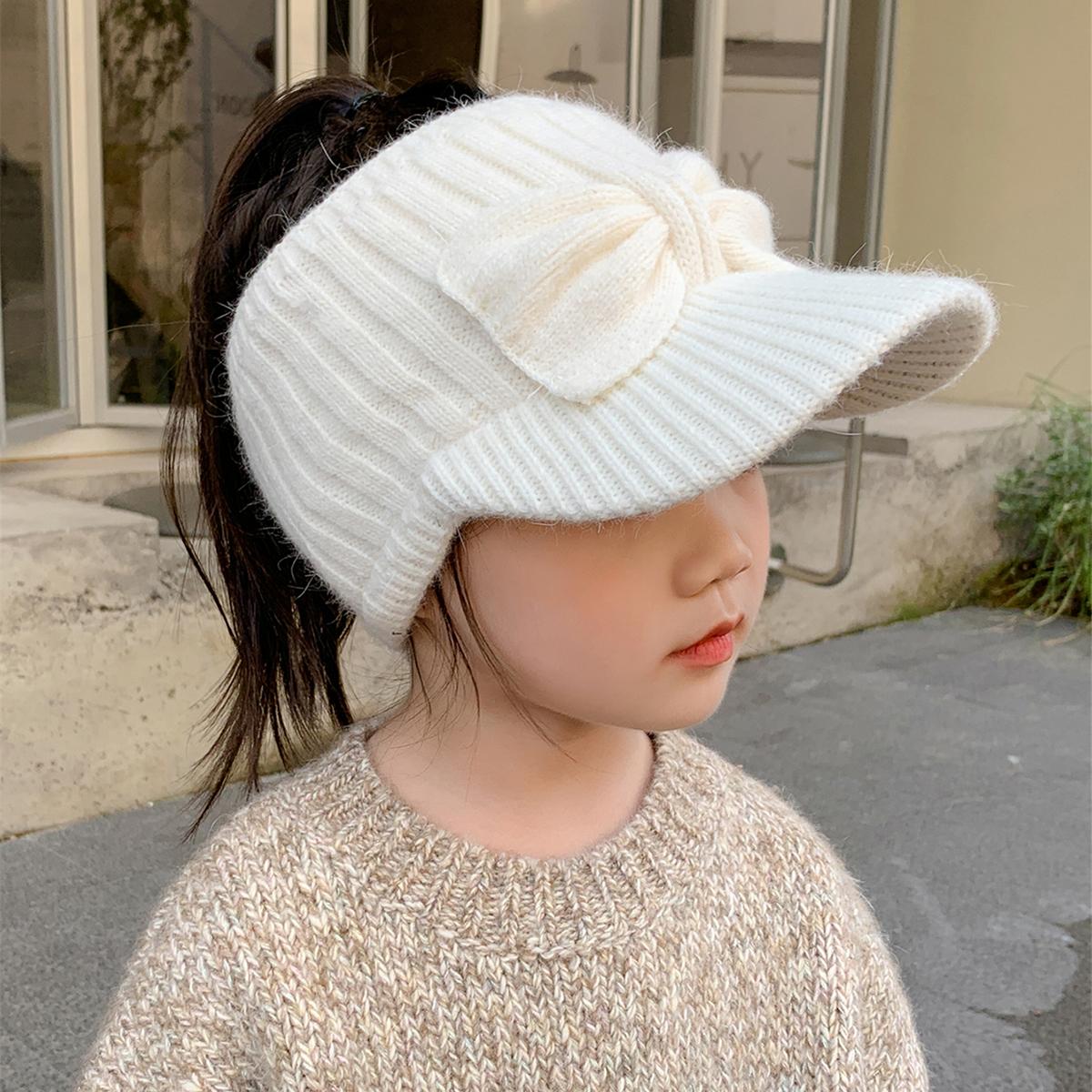 

3-10 лет Детская вязаная шапка бейсболка для девочки милый бант хвост коса осень и зима теплый детский пустой верх свитер One Size белый