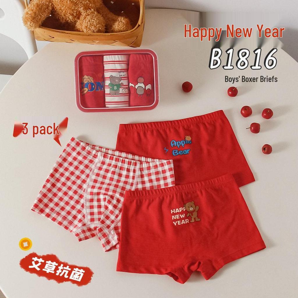 Premium Zodiac Pure Cotton Boxer Briefs for Kids: Unisex Red New Year Underwear in Gift Box
