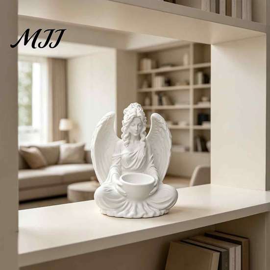 Mini Indoor Flower Pot 3D Printed Sitting Angel Figurine with Bowl, White Statue Tabletop European Style Home Decor Ornament, Multi-Purpose Holder for