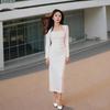 Women's White French Square Neck Slim-Fit Long-Sleeve Dress for Autumn/Winter Events