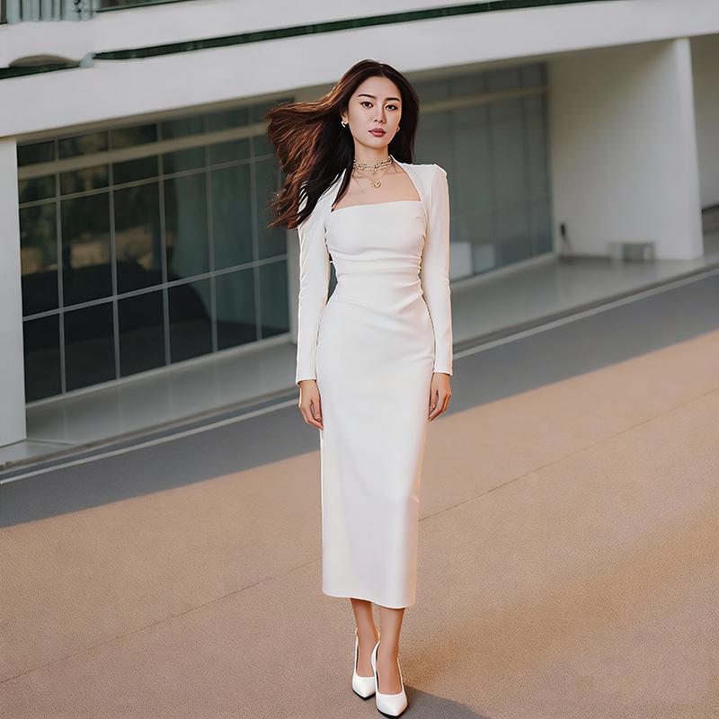 Women's White French Square Neck Slim-Fit Long-Sleeve Dress for Autumn/Winter Events