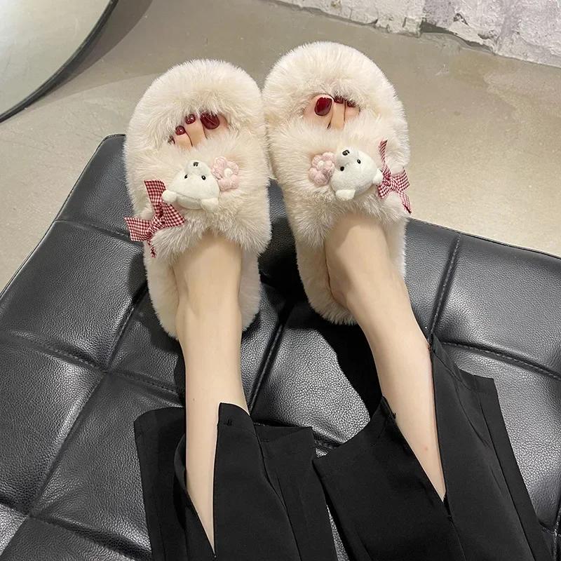 Papuci de Iarnă la Modă Femei Urs Drăguț Cruce Papuci cu Blană Pufoasă Diapozitive de Casă Platformă Plată Interior Podea Șlapi Femei Pantofi Dama88