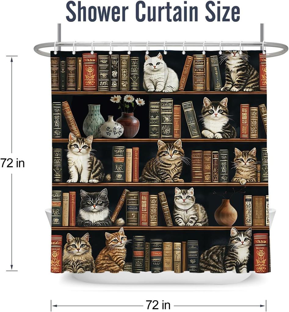 Katt Duschdraperi Biblioteksbok Kattunge på Bokhylla, Vas Blomma Boho Tyg Duschdraperier Badrumstillbehör 72x72 Tum