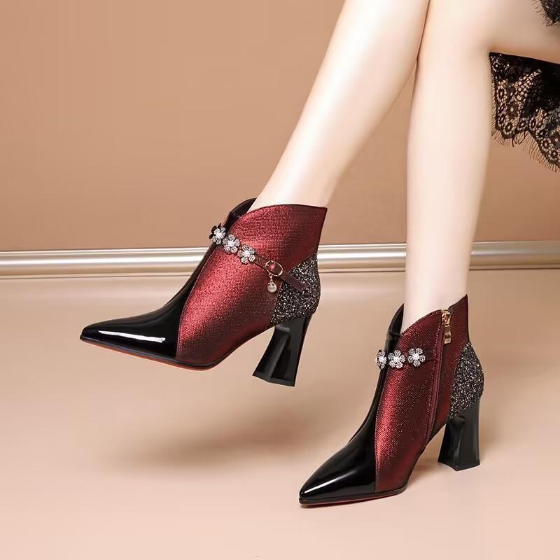 Ankle Boots Mother Thick Heel Metal Sequin and Velvet Warm Latin American New Women's Boots Pointed Toe Rhinestone Boots