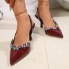 Fashion Crystal Decoration Wine Red Sandals Pointed Toe Sling Back Pumps Women 2025 Summer Patent Leather Thin High Heels Shoes Woman