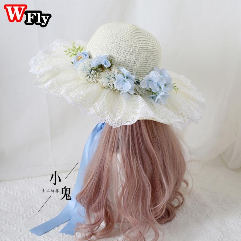 Harajuku Women Girls Summer Wide eaves Straw Hats Beach Sun Hat Sweet Lolita Lace Flower Straw Hat ladies sunhat Handmade