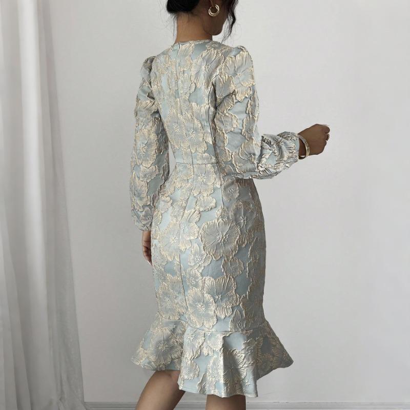 Rochie Imprimată, Mâneci Lanternă, Coadă de Pește, Gât Rotund, Rochie Lungă Elegantă și Subțiatoare