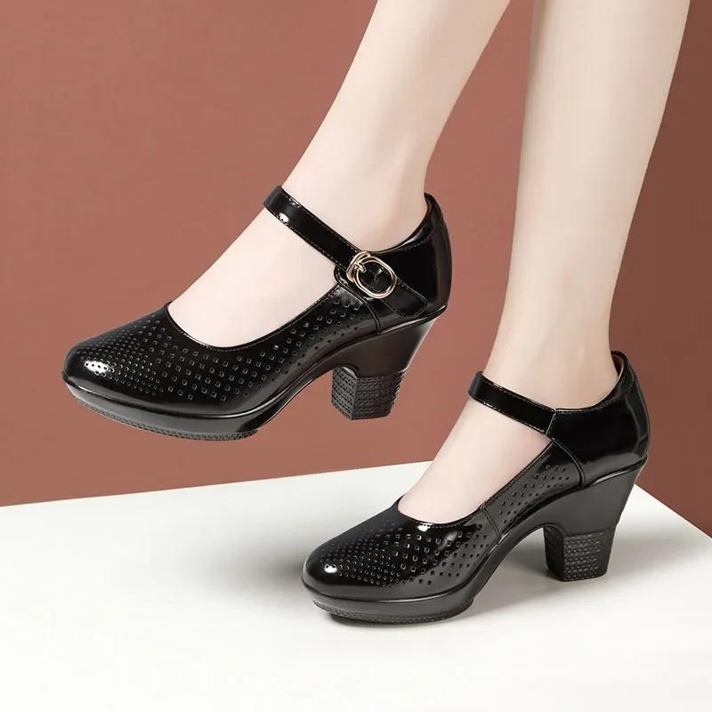 Fashion 5.5cm 7.5cm  Breathable Cutout Block Heels Shoes 2025 Soft Leather Platform Pumps for Mom Dance Model