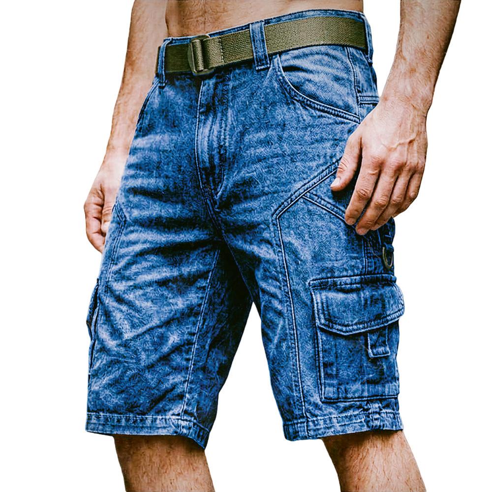 Letní Pánské Džínové Šortky Cargo s Více Kapsami Denní Ležérní Streetwear Vintage Jednobarevné Módní Džínové Šortky Muž