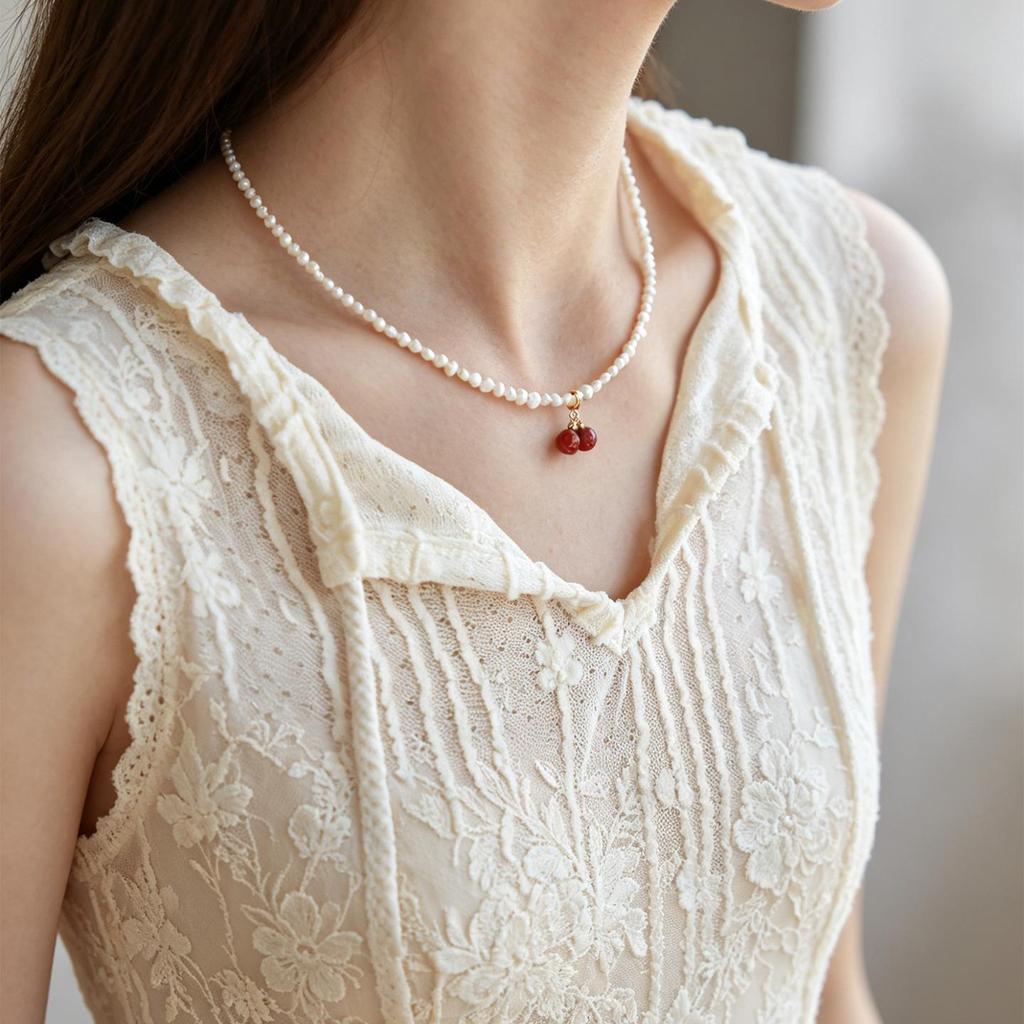 Elegant Freshwater Pearl Cherry Pendant Necklace - Detachable Artistic Clavicle Chain for Women.