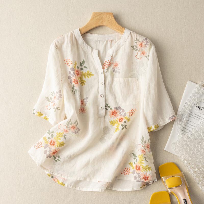 Summer Cotton Linen Blouses Art Retro Print Slimming Short Sleeved Shirt Top for Women