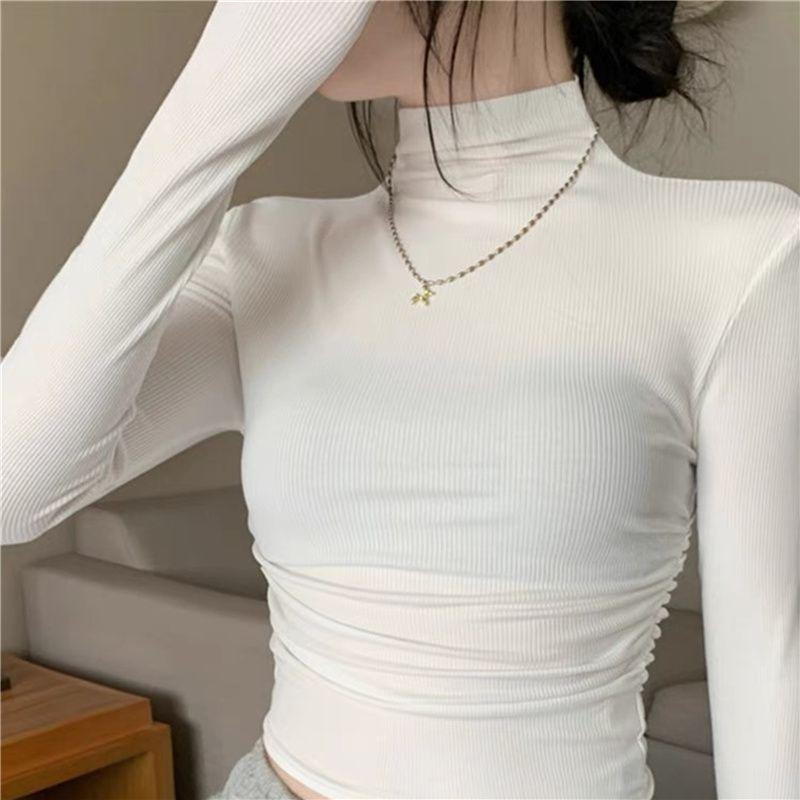 

Sexy Half Turtleneck Gray, Long Sleeve T-shirt Female Autumn Minimalist Easiest for Match Tight Peplum Top Knitting Inner Bottoming Shirt White L