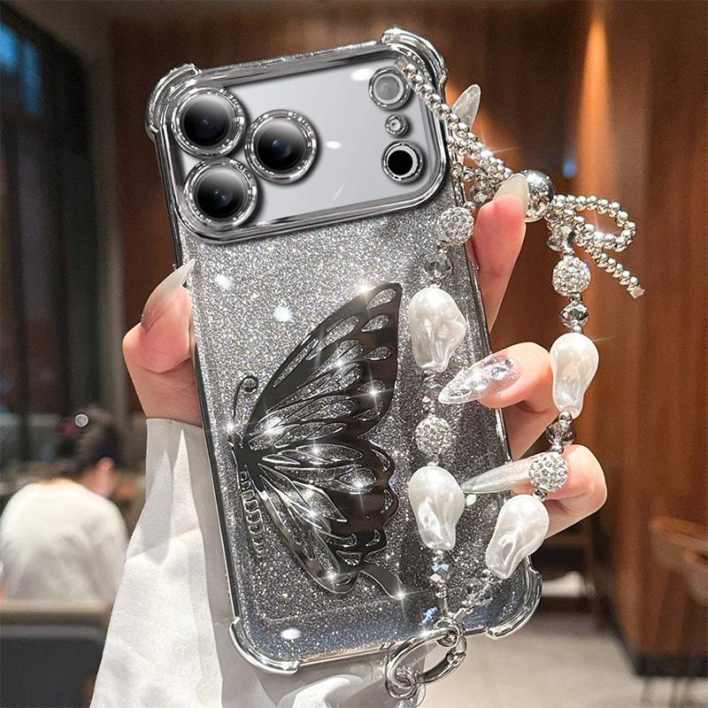 

Laser Butterfly Glitter Shockproof Plating Bracelet Case for Google Pixel 10 9 8 7 Pro XL 9A 8A 7A Silicone Cover Google Pixel 7a серебряный