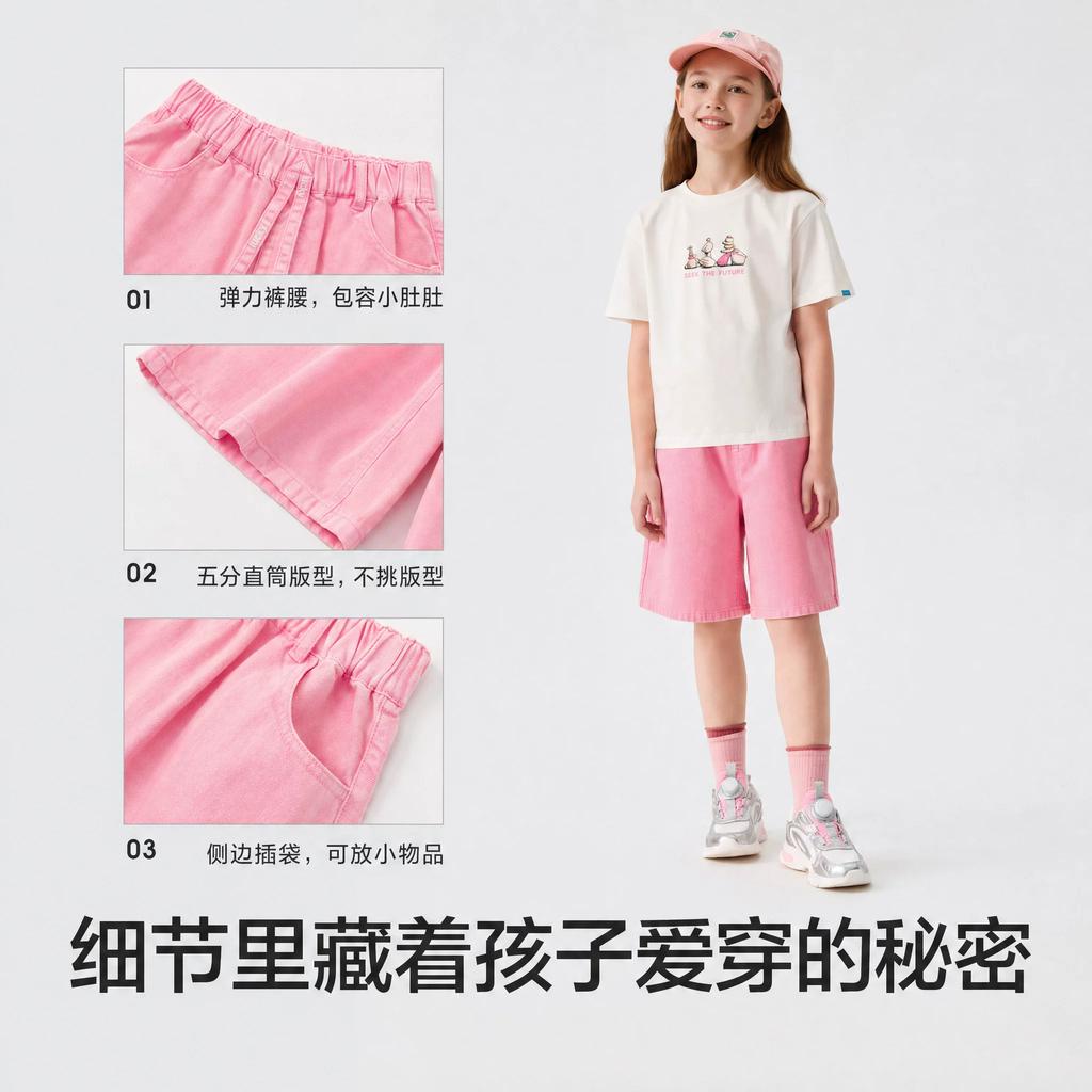 Balabala children's clothing, girls' shorts, children's pants, 2026 summer new item, all cotton denim five quarter straight leg pants, sweet