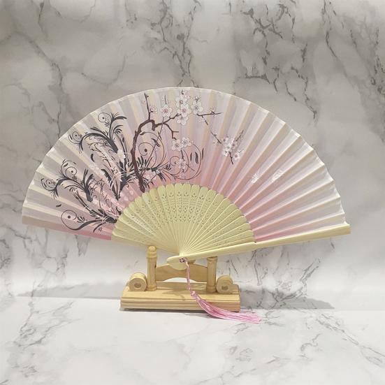 Folding Fan with Tassel Style Chinese Bamboo Hand-painted Flower Leaf Print Dance Performance Photo Props
