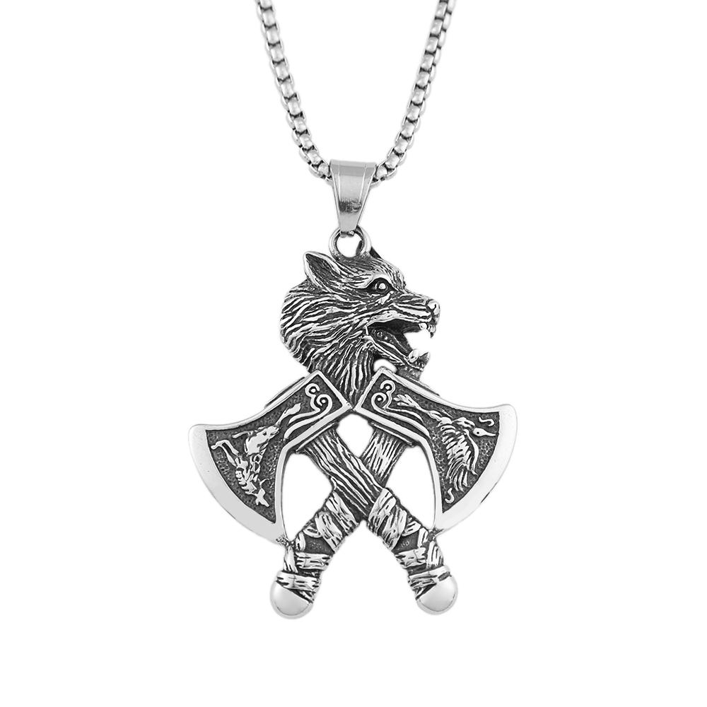 Vintage Vikings Double Axe Pendant Necklace For Men 316L Stainless Steel Classic Wolf Head Necklaces Nordic Jewelry