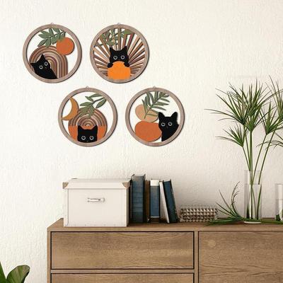 4x Boho Wall Decor, Hanging Wooden Art Bohemian Decorative Room Wood Signs for Bedroom