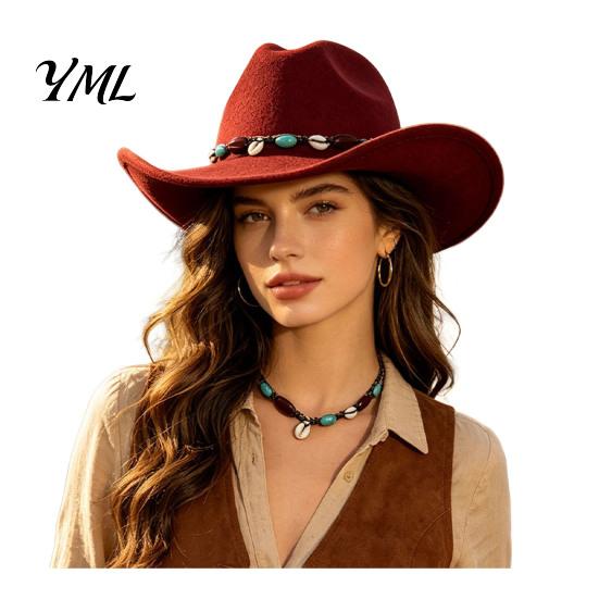 Wide Brim Felt Hat Wool Fedora, Unisex Western Cowboy Hat, Retro Sun Protection Fall Cowgirl Jazz for Women Men Autumn Winter Large Face Slimming