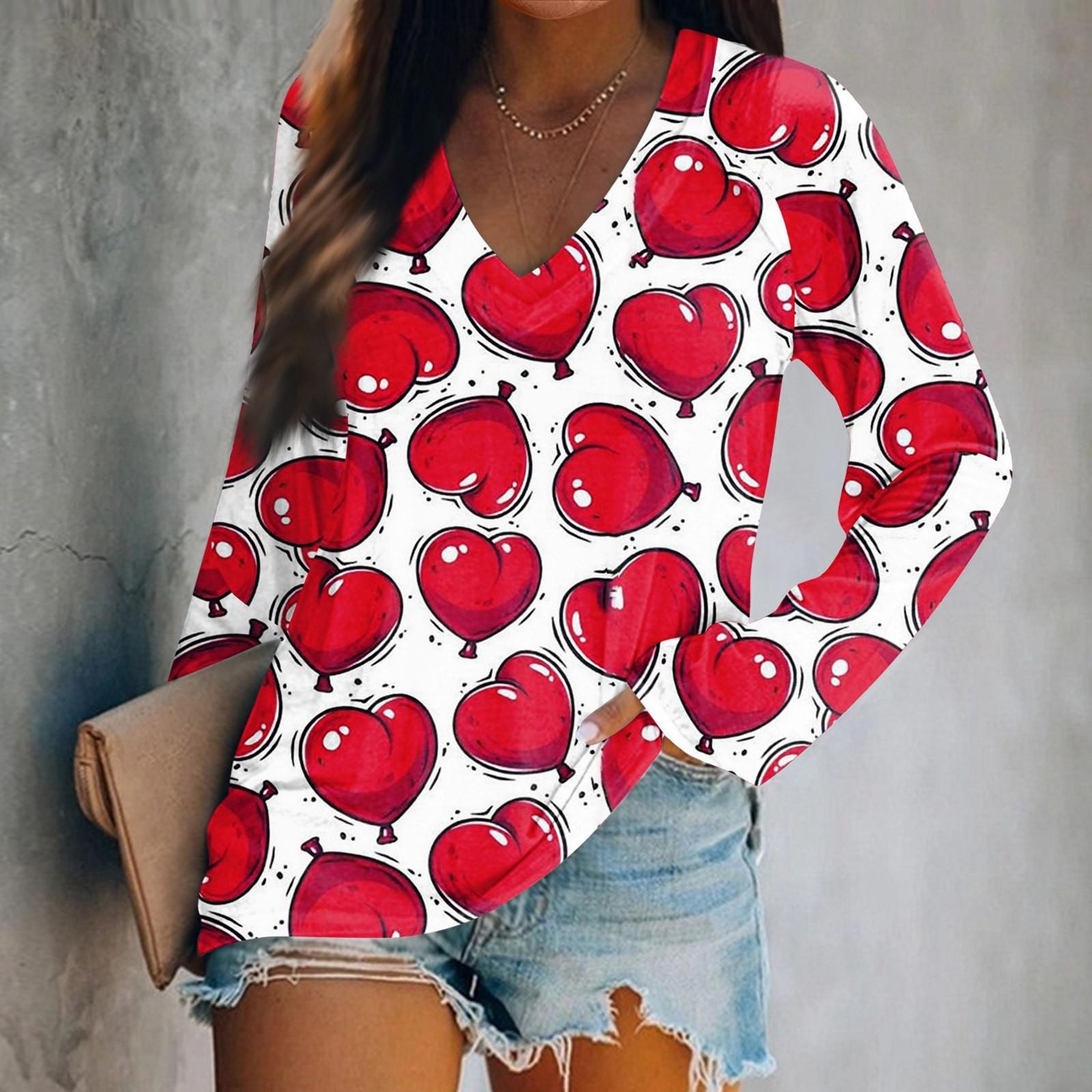 

Женская футболка с длинными рукавами и V-образным вырезом с принтом ко Дню святого Валентина. Повседневный и удобный топ L горячий розовый