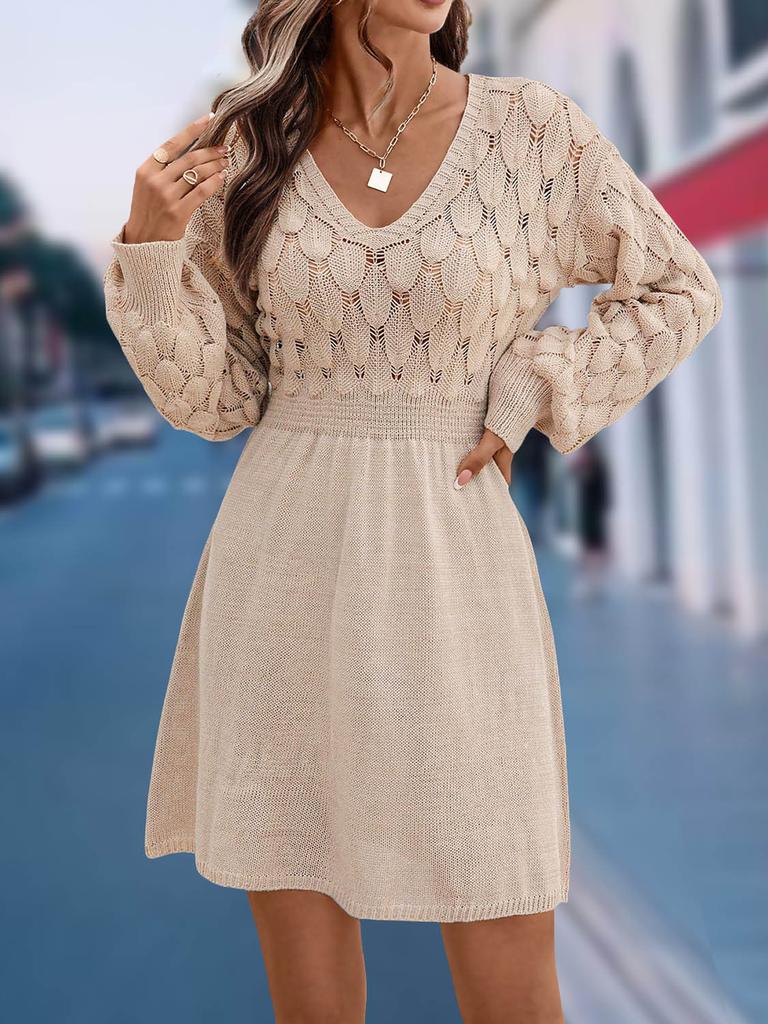 Scale Pattern 3D Knitted Dress New V-Neck Beach Dress A-Line Long Sleeve Dress