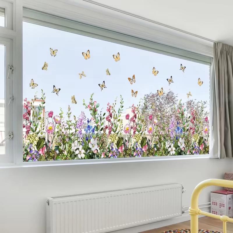 Floral Butterfly Window Static Cling 1/2 Sheets Wildflower Pattern Sticker for Birthday Party Window Decoration