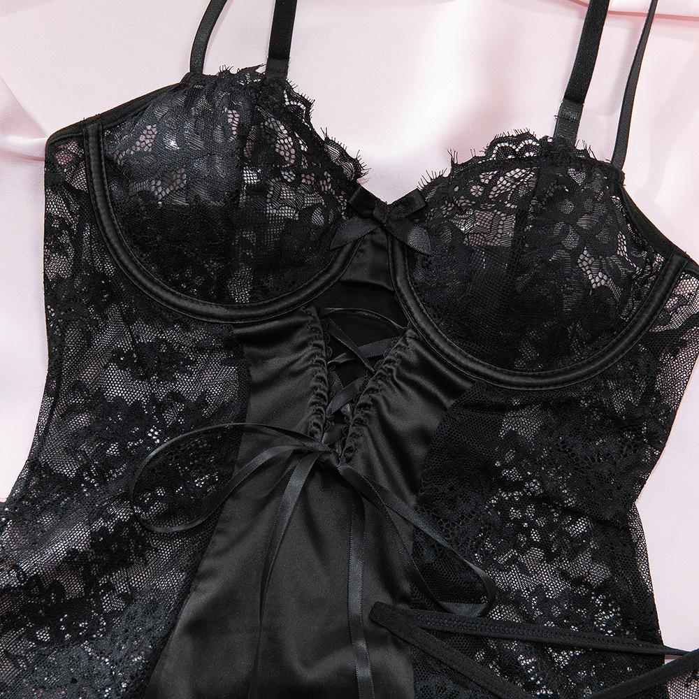 European and American Cross-Border Black Lace Satin Camisole: Sexy, Strappy, Body-Shaping, Slimming Nightgown.
