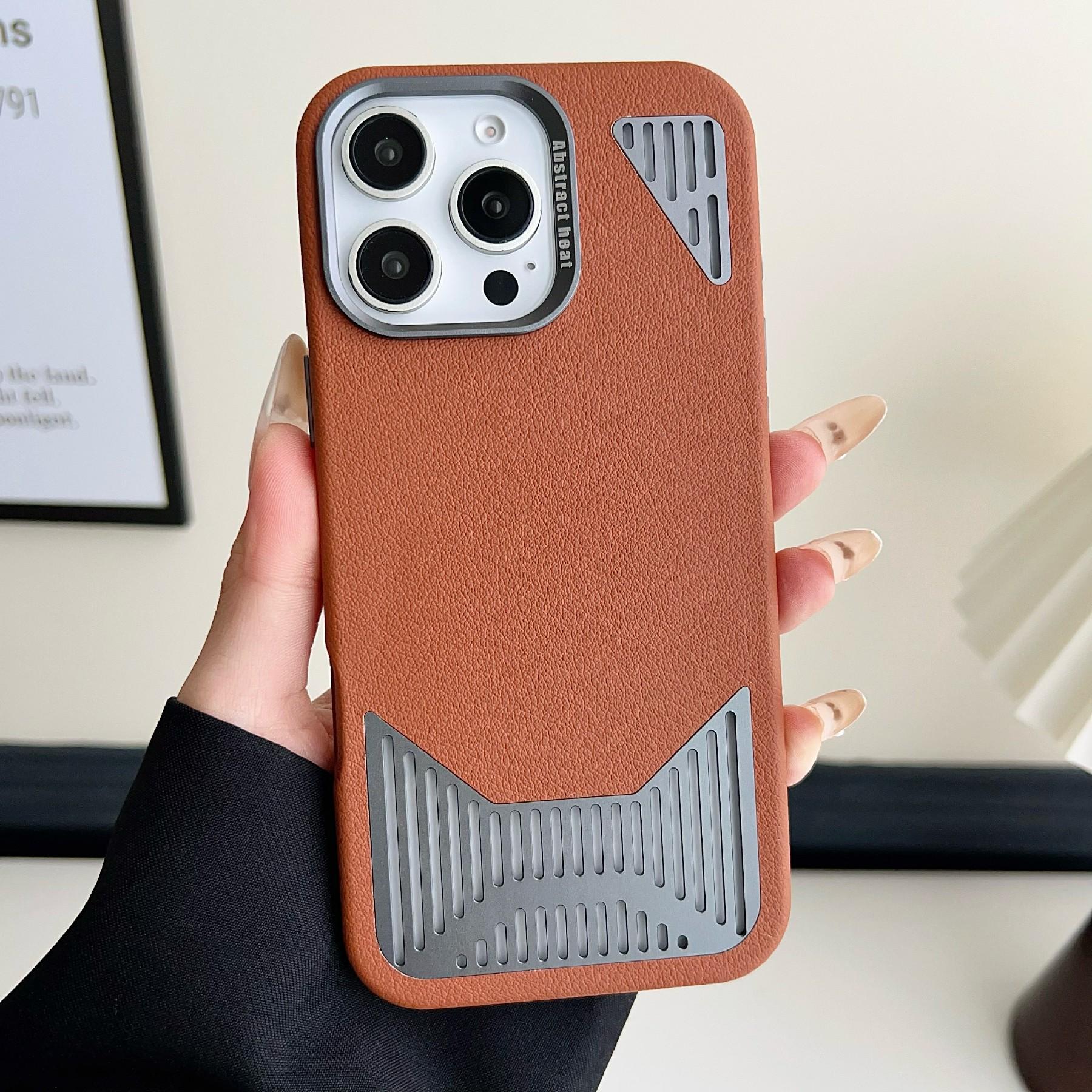 

For iPhone 16 Pro Magnetic Case PU Leather Aluminium Alloy Heat Dissipation Phone Back Cover E