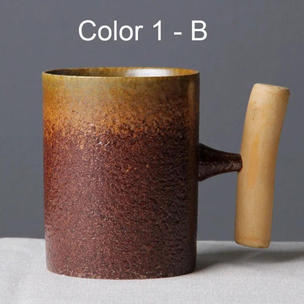 Japanese Vintage Tea Cup Set Ceramic Coffee Mug Rust Glaze Milk Cafe Cup with Wood Handle Water Cup Teacup Home Office Drinkware