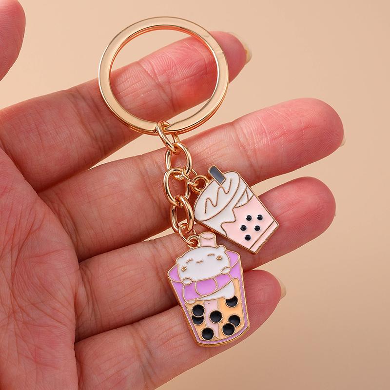 Cute Enamel Simulation Food Keychain Ice Cream Bubble Tea Key Ring Women Girls Handbag Pendants DIY Jewelry Gift