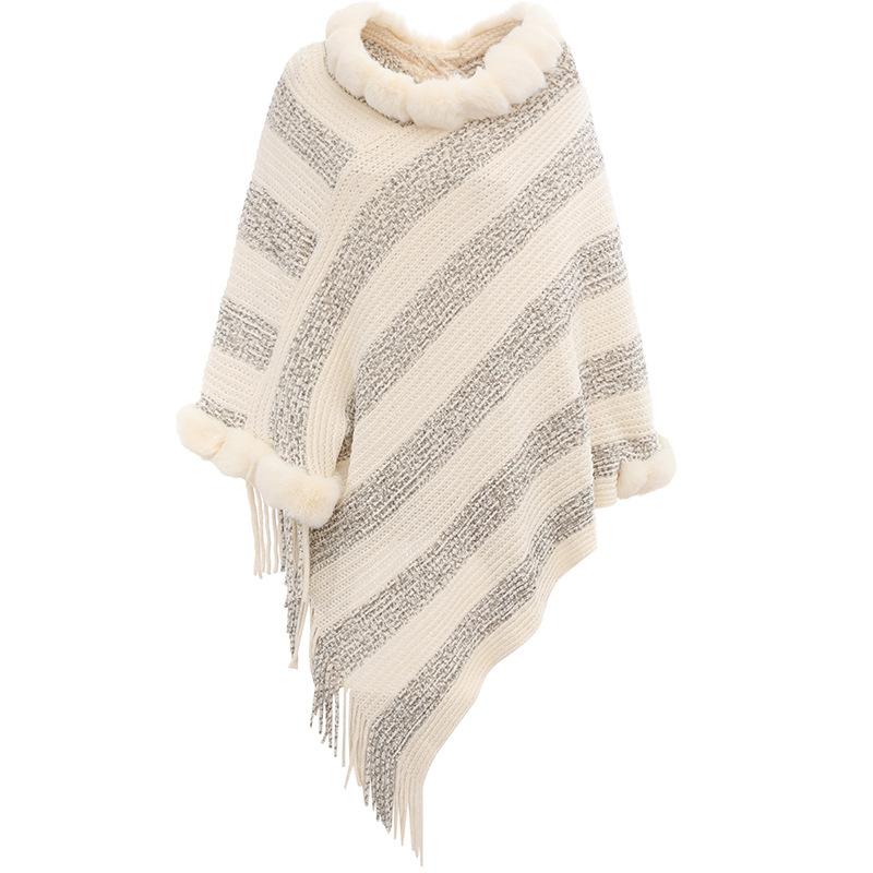 Воротник из меха кролика, вязаный пуловер, накидка, женская теплая полосатая шаль из синели, вязаный свитер 85*80CM серый