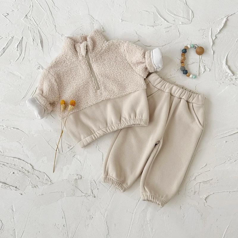 Herbst Winter Thermosuit Babykleidungssets Jungen Mädchen Lammfleece Farbblockiert Hoher Kragen Unifarbene Hose