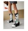 women's leather boots embroidered medium boots low heel color matching boots