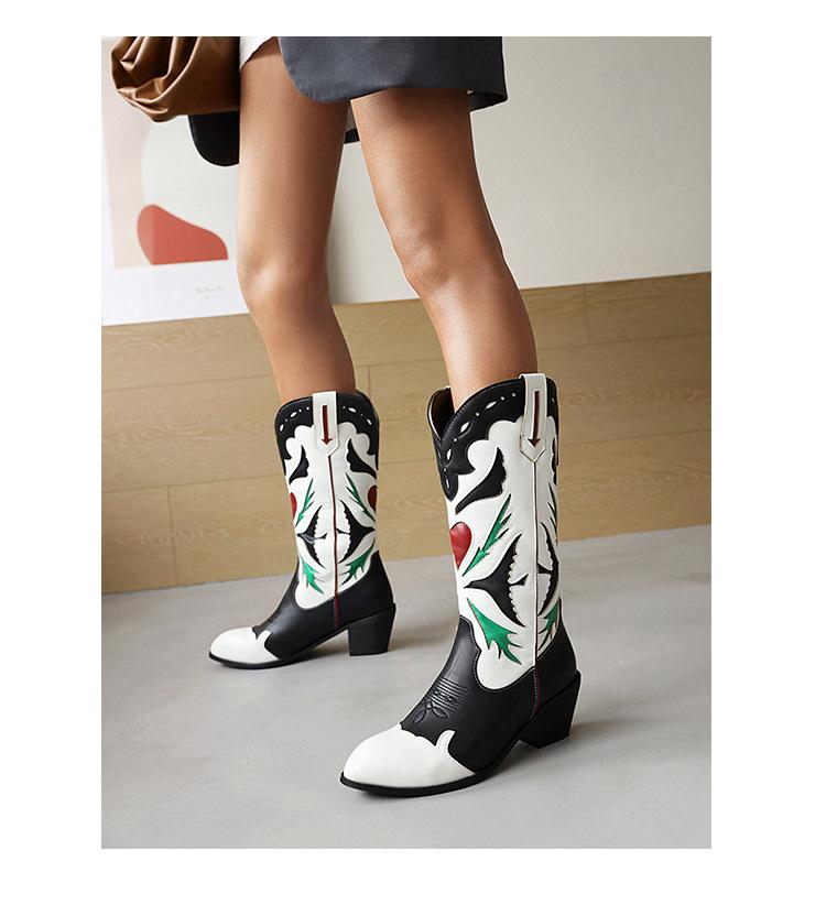women's leather boots embroidered medium boots low heel color matching boots