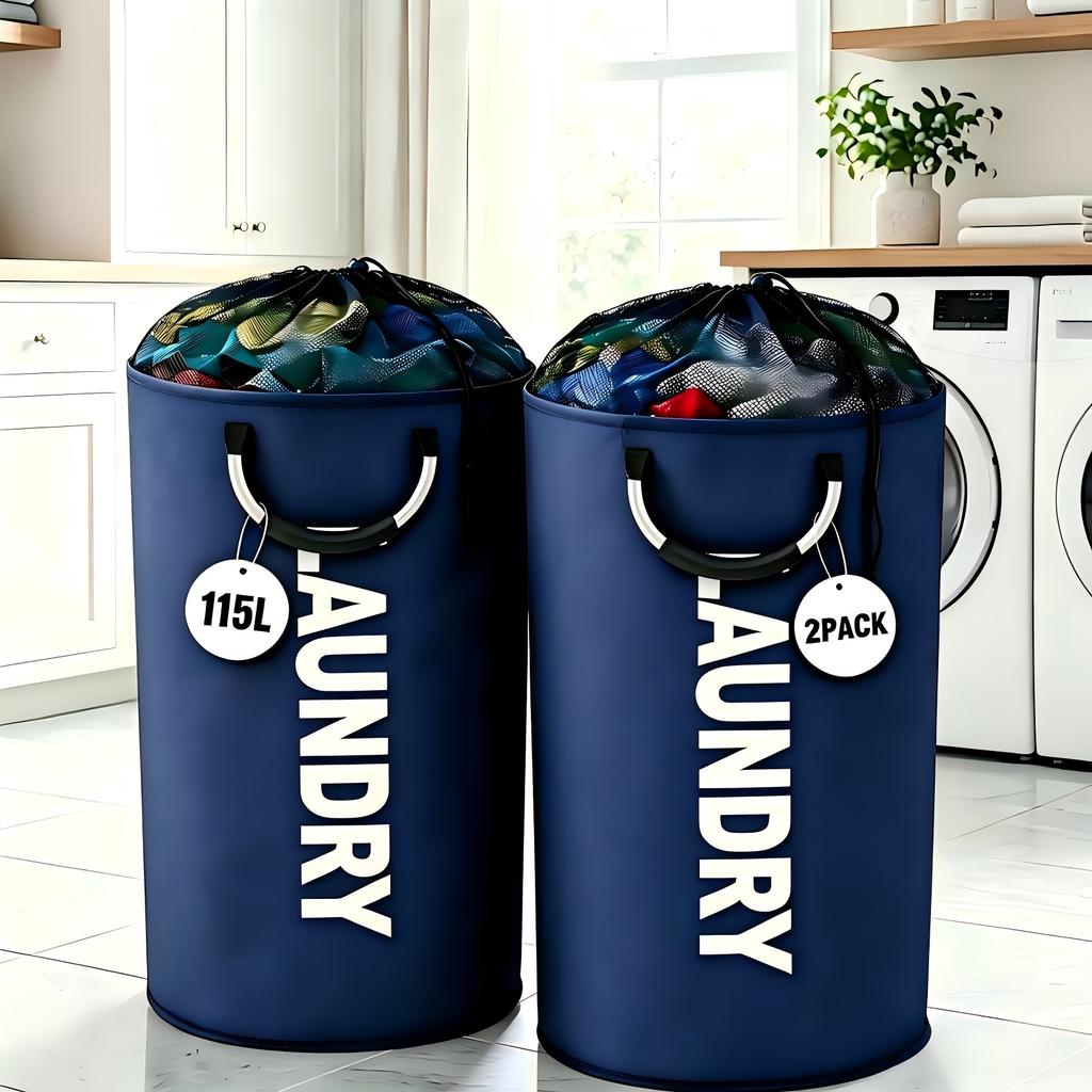 2-Pack Oxford Fabric Foldable Laundry Baskets, 25.1gal/30.38gal Clothes Storage Bins with Drawstring Closure and Ring Handles