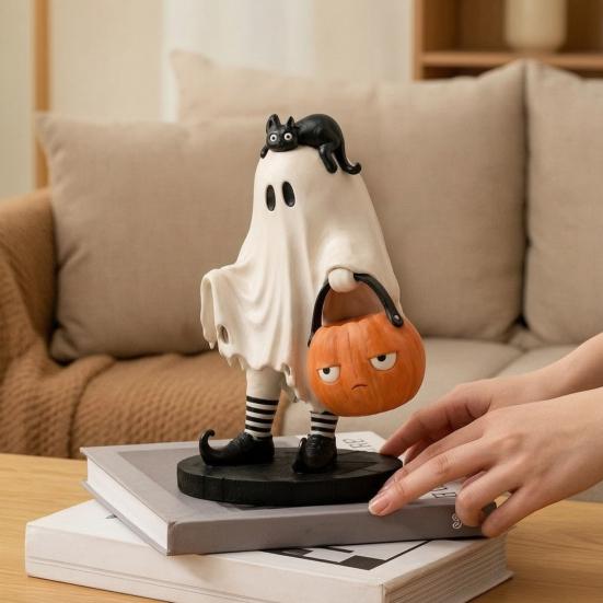 Cute Ghost Statue Statue, Resin Black Cat Holding Pumpkin Bucket Ornament, Artistic Tabletop Decor Halloween Figurine for Home Holiday Party