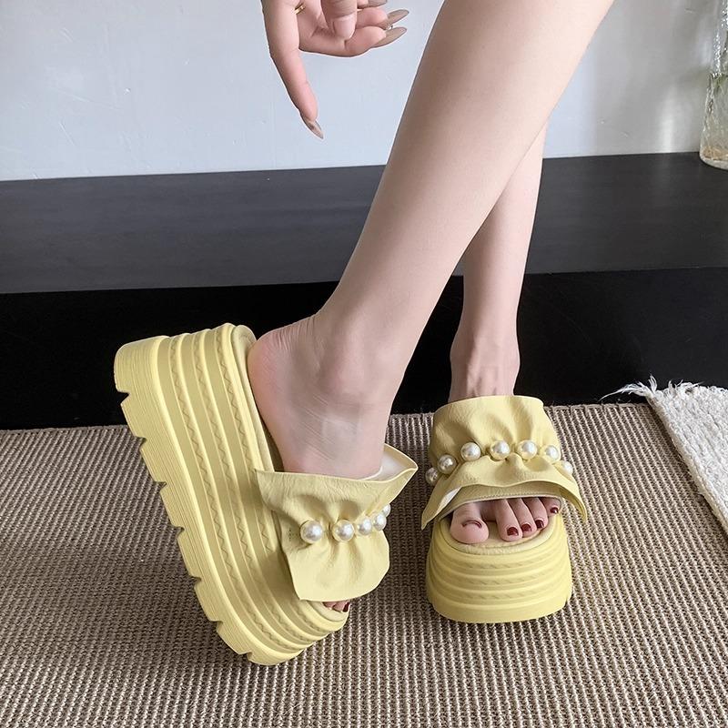 Fashion Summer Bead Pleated Women Slippers High Heels Shoes Platform Elegant Slingback Sandals 2025 Fad New Trends Shoes Dress Zapatos