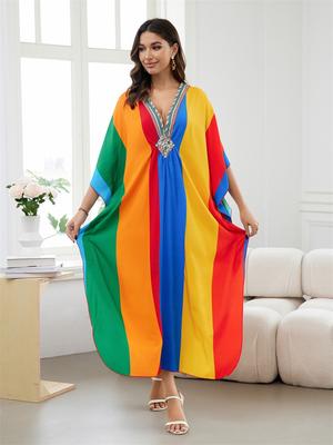 Flag Color Printed Boho Hand-knit V Neck Bat Sleeve Beach Dress 2024 Summer Women Loose Kaftan Beachwear Swimsuit Cover Up